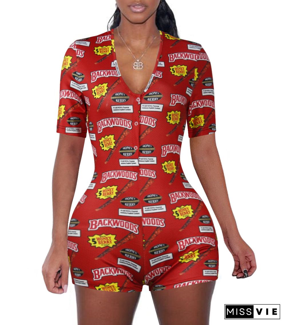 Fashion Printed Short Sleeve V Neck Onesies Romper