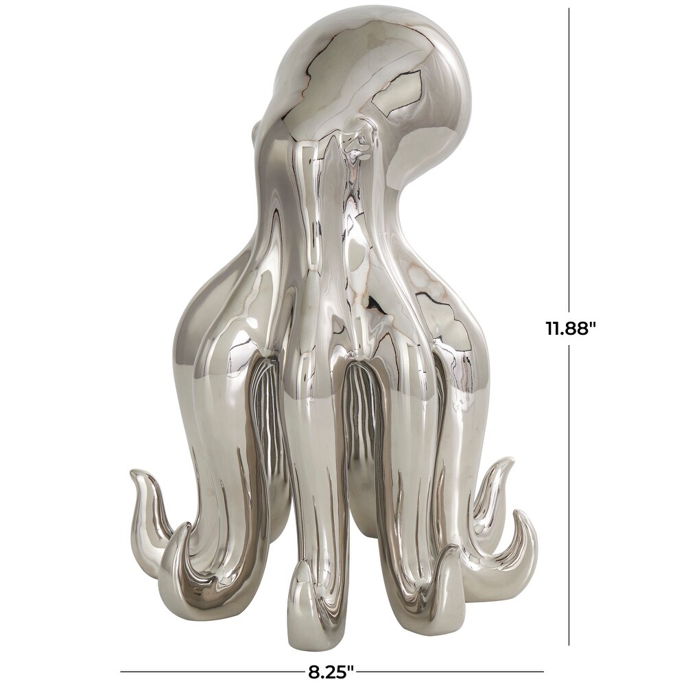 Silver Ceramic Tall Standing Octopus Sculpture