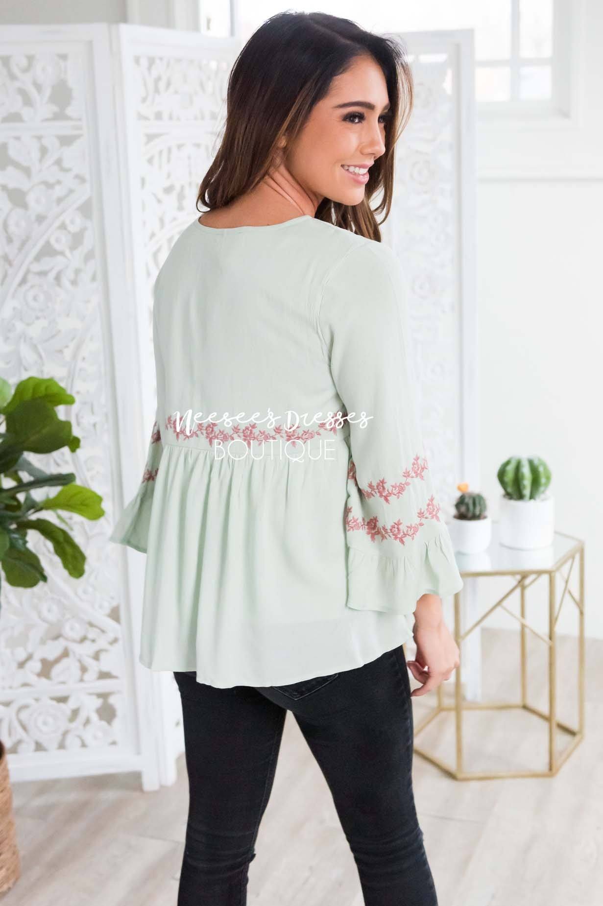 Sage Flounce Embroidered Blouse