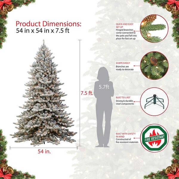 Puleo International 7.5 ft. Prelit Flocked Royal Majestic Fraser Fir Artificial Christmas Tree