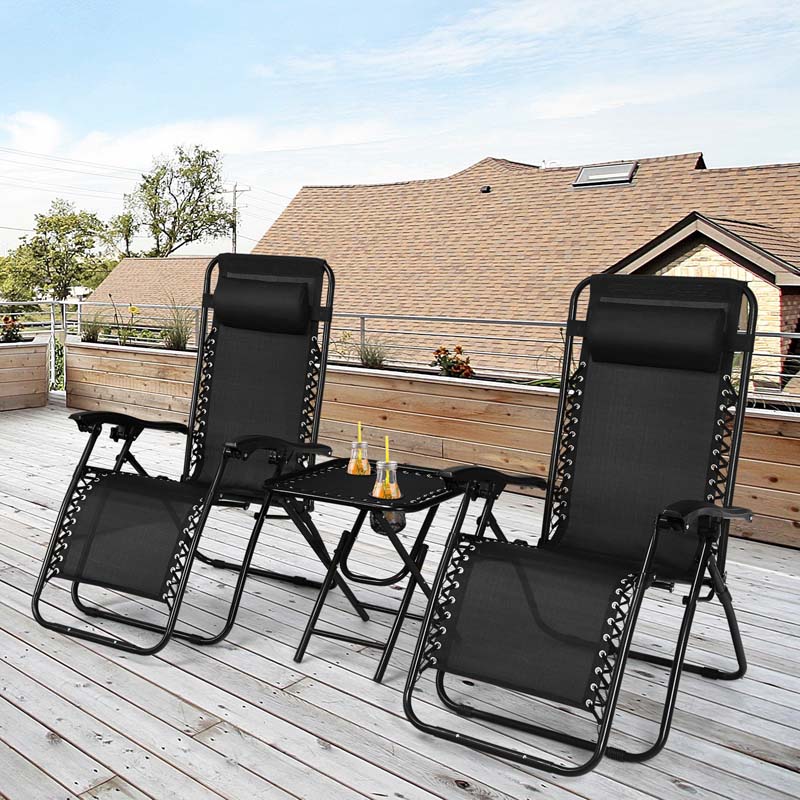 3 Pcs Folding Zero Gravity Recliner Patio Yard Pool Outdoor Chaise Lounge Chairs Table Set