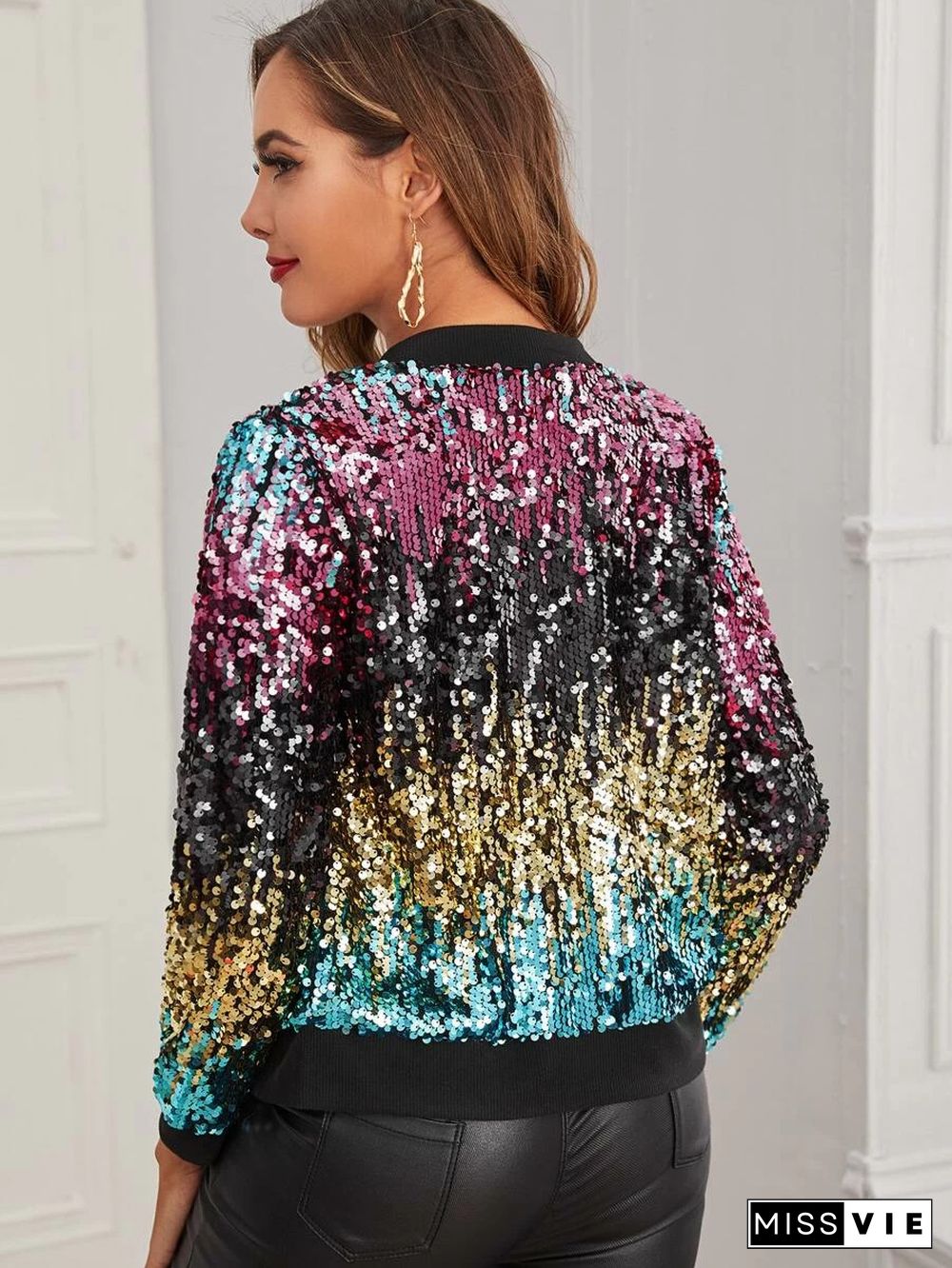 Long Sleeve Zipper Colorful Sequin Short Jacket