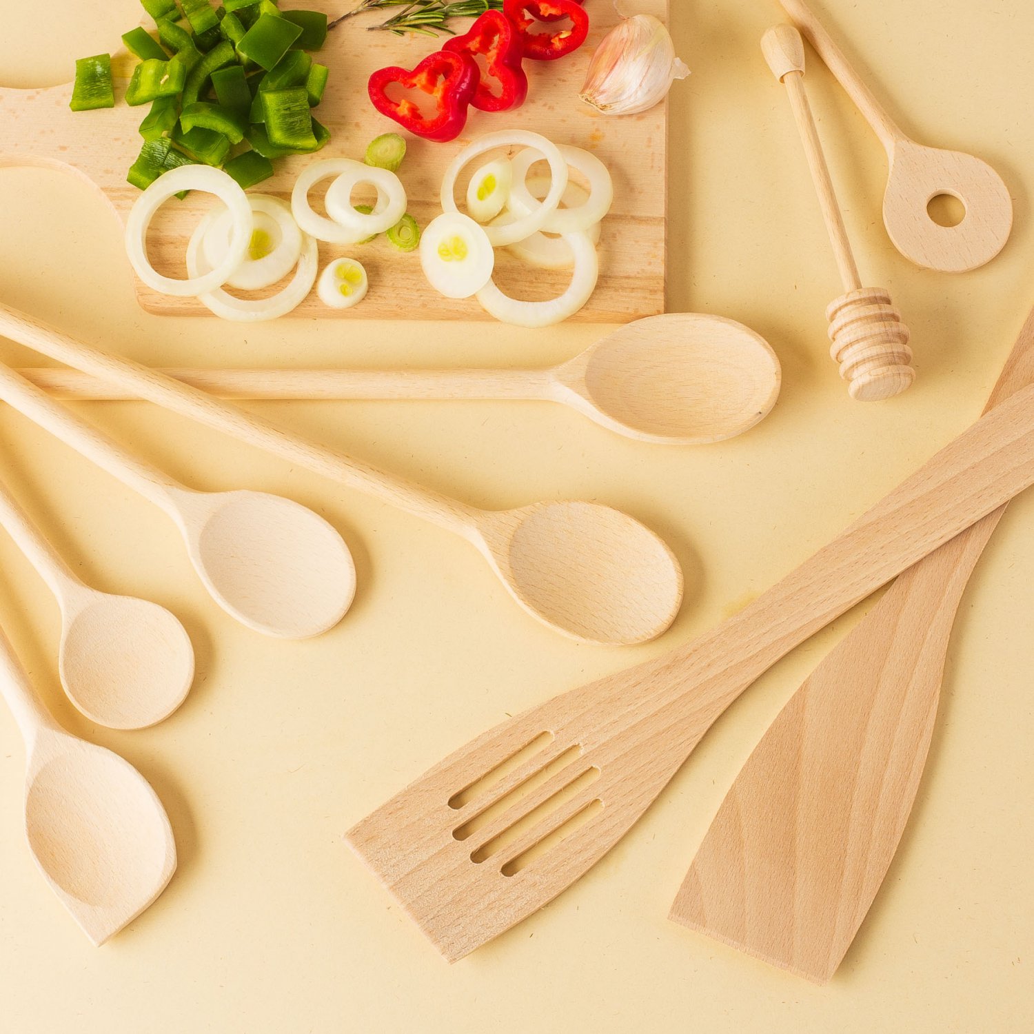 Tuuli Kitchen 9 Piece Wooden Kitchen Utensils Set 6x Cooking Spoon Honey Dipper 2x Spatula