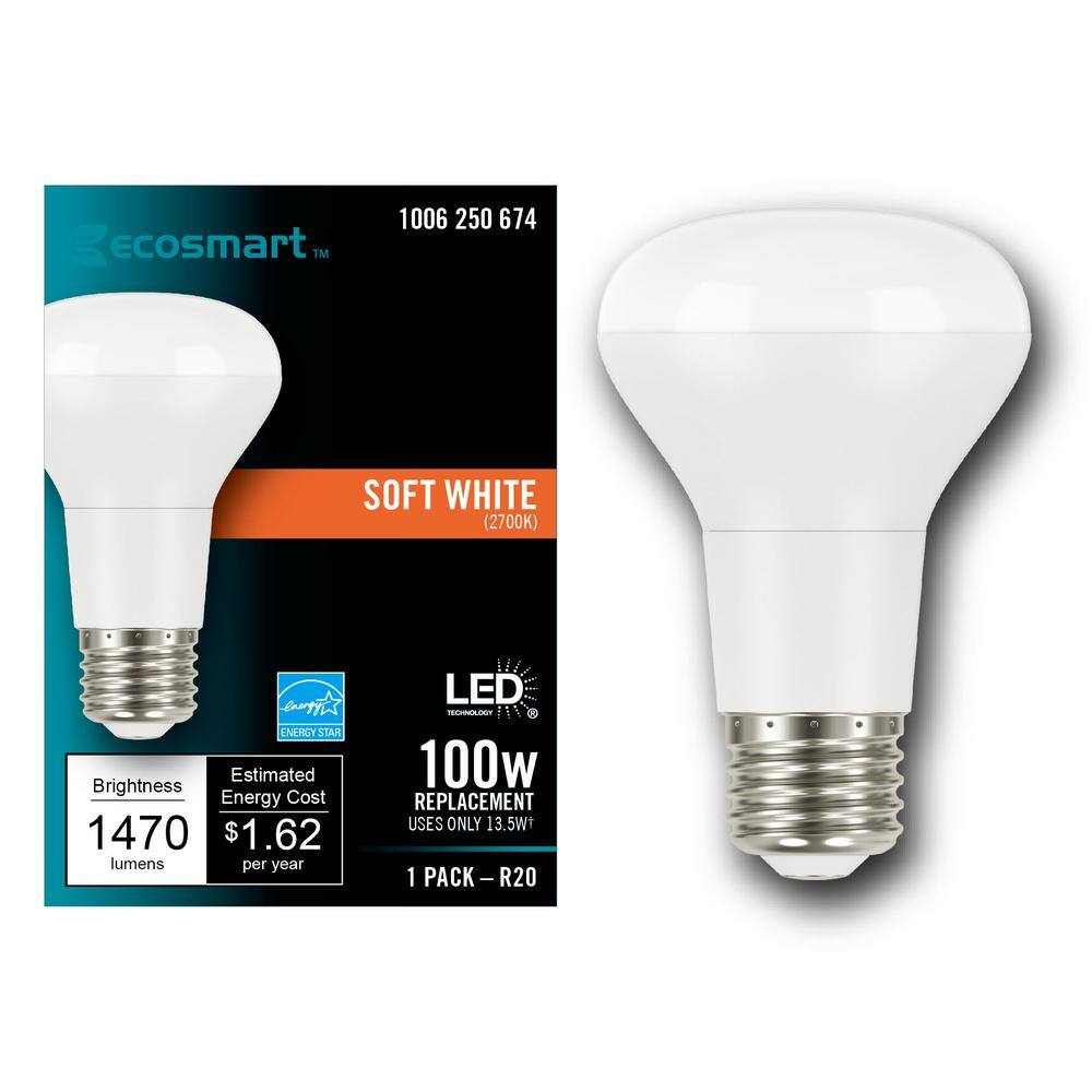 EcoSmart 100-Watt Equivalent R20 CEC Dimmable LED Light Bulb in Soft White (1-Bulb) A20R20100WT2001