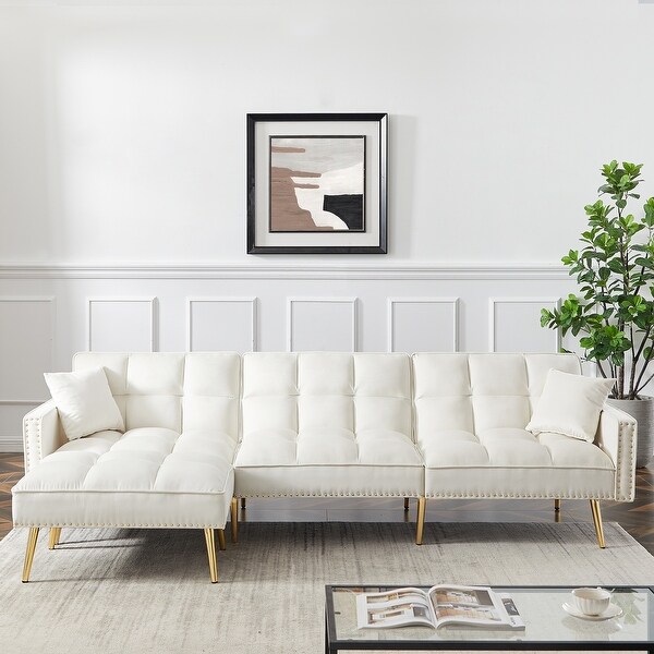 White Velvet Upholstered Reversible Sectional Sofa Bed ， L-Shaped Couch with Movable Ottoman