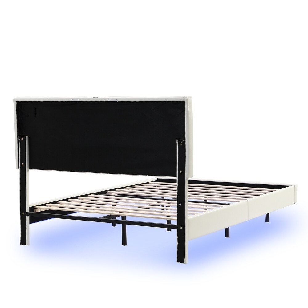 Floating Bed Frame w/ LED Lights Headboard Unique PU Upholstered Platform LED Bed Frame w/ USB Power Strips No Box Spring Needed