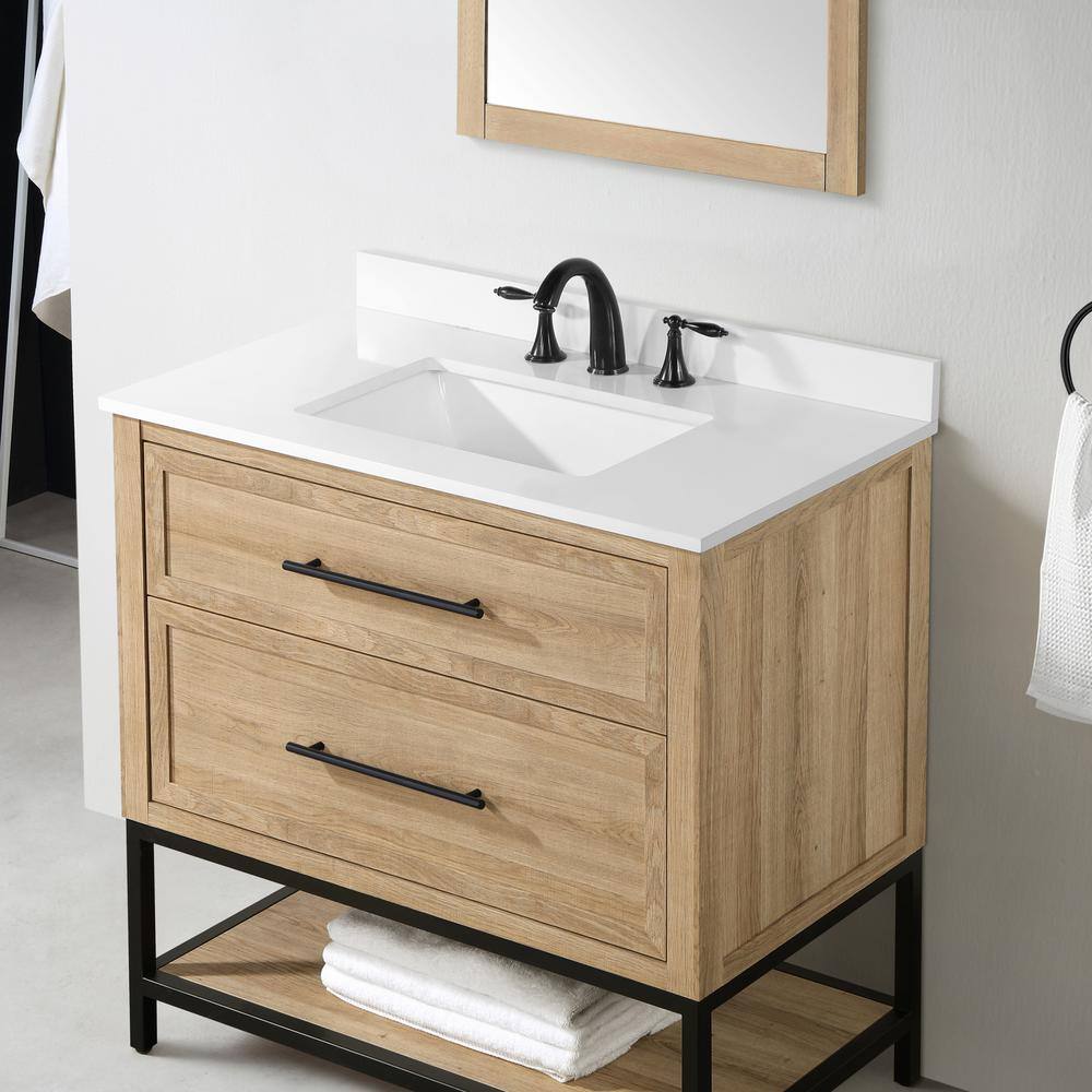 Home Decorators Collection Corley 36 in. W x 19 in. D x 34.50 in. H Freestanding Vanity in Weathered Tan with White Engineered Stone Top Corley 36WT