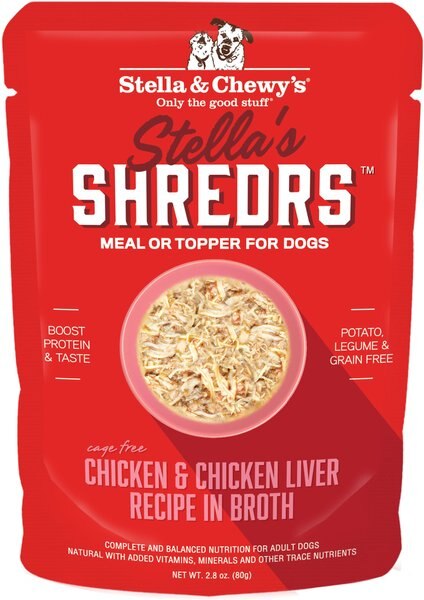 Stella and Chewy's Stella’s Shredrs Cage Free Chicken and Chicken Liver Recipe in Broth Adult Wet Dog Food， 2.8-oz pouch， case of 24