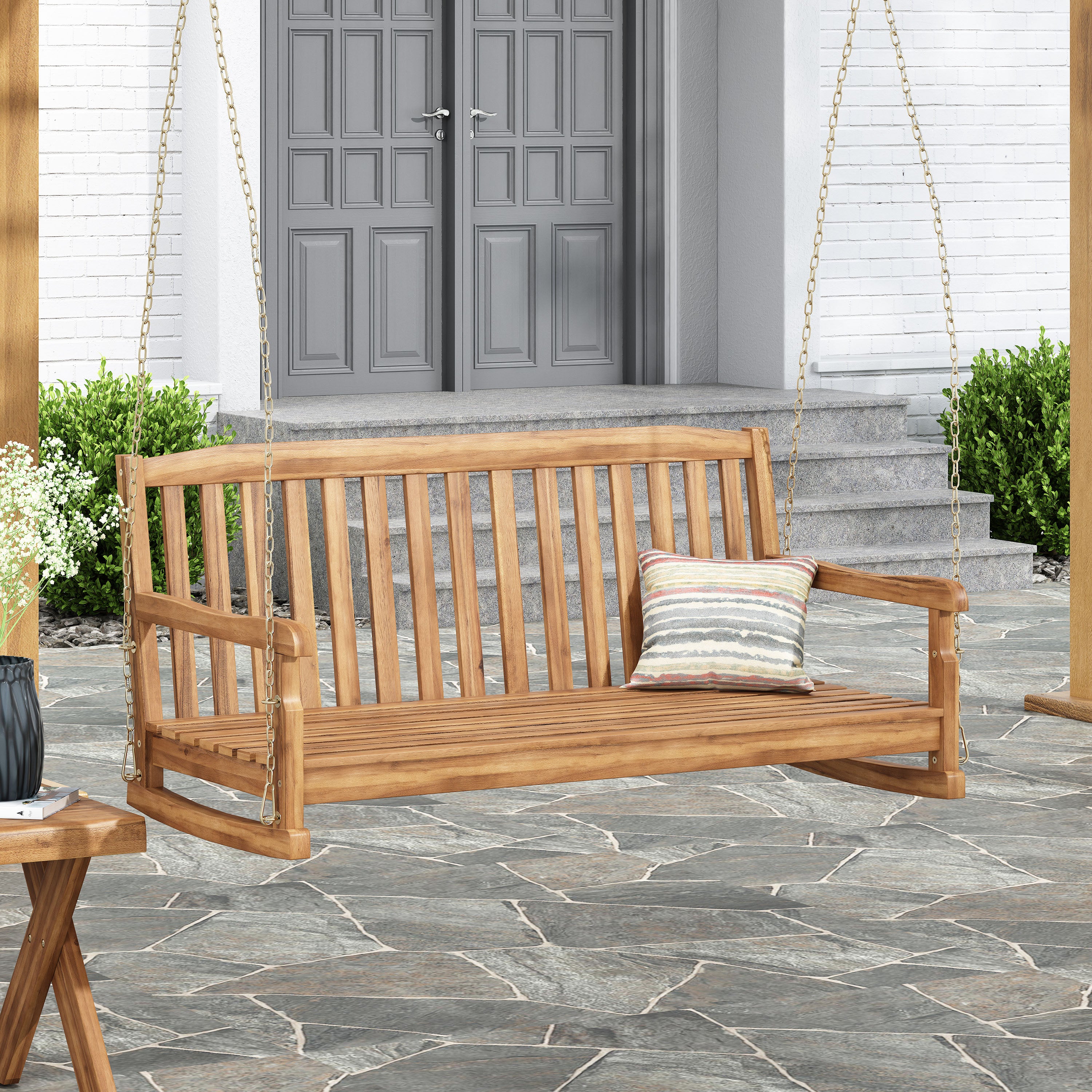 Maurers Outdoor Acacia Wood Hanging Porch Swing