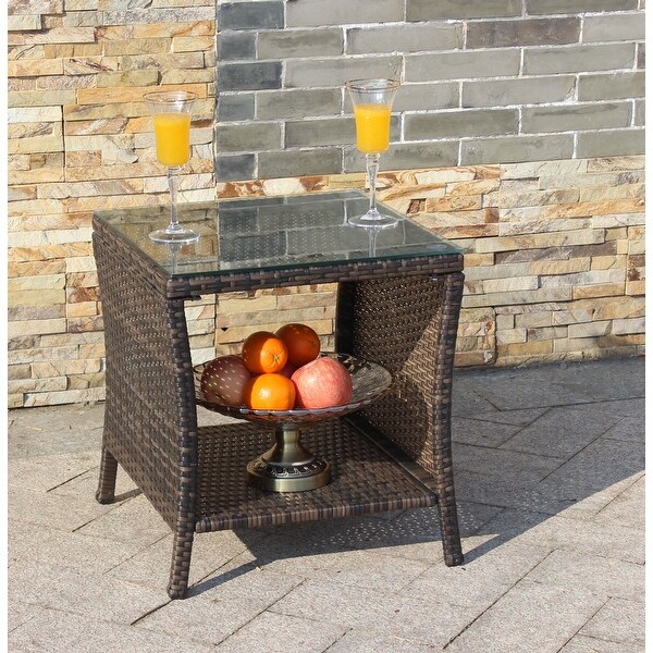 Square Rattan Outdoor Dining Table with Tempered Glass in Brown