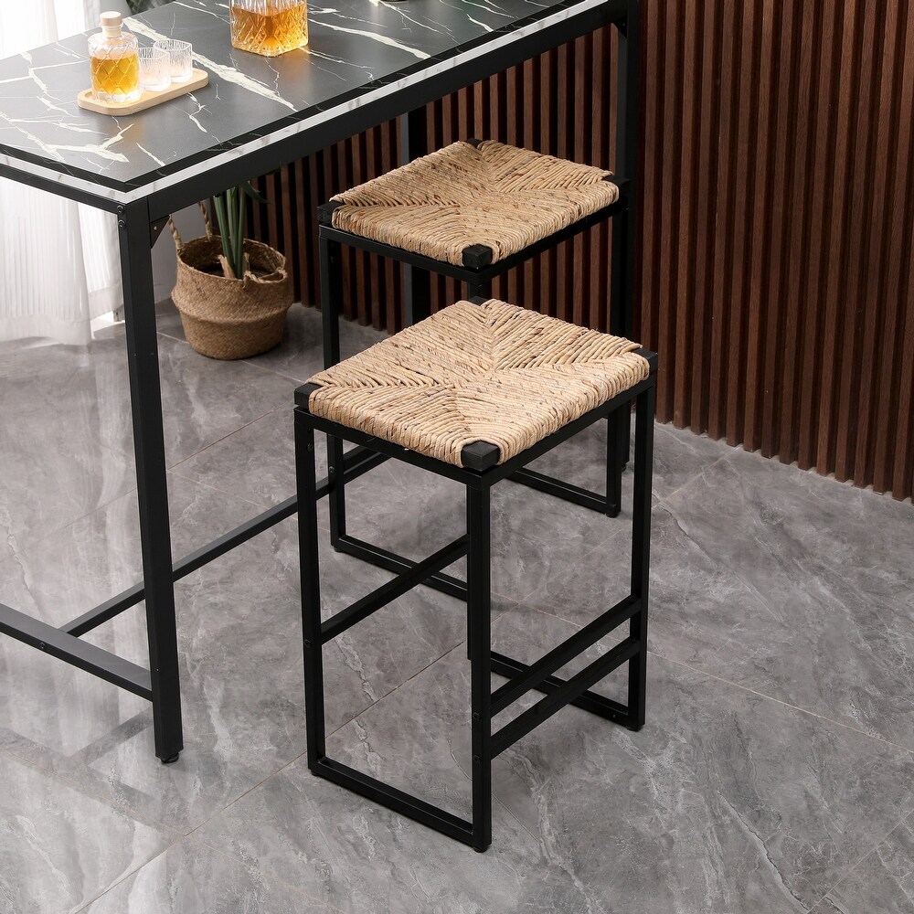 Backless Bar Stools Set of 2  Counter Height Dining Chairs with Paper Rope Woven Upholstered Seat and Black Metal Footrest