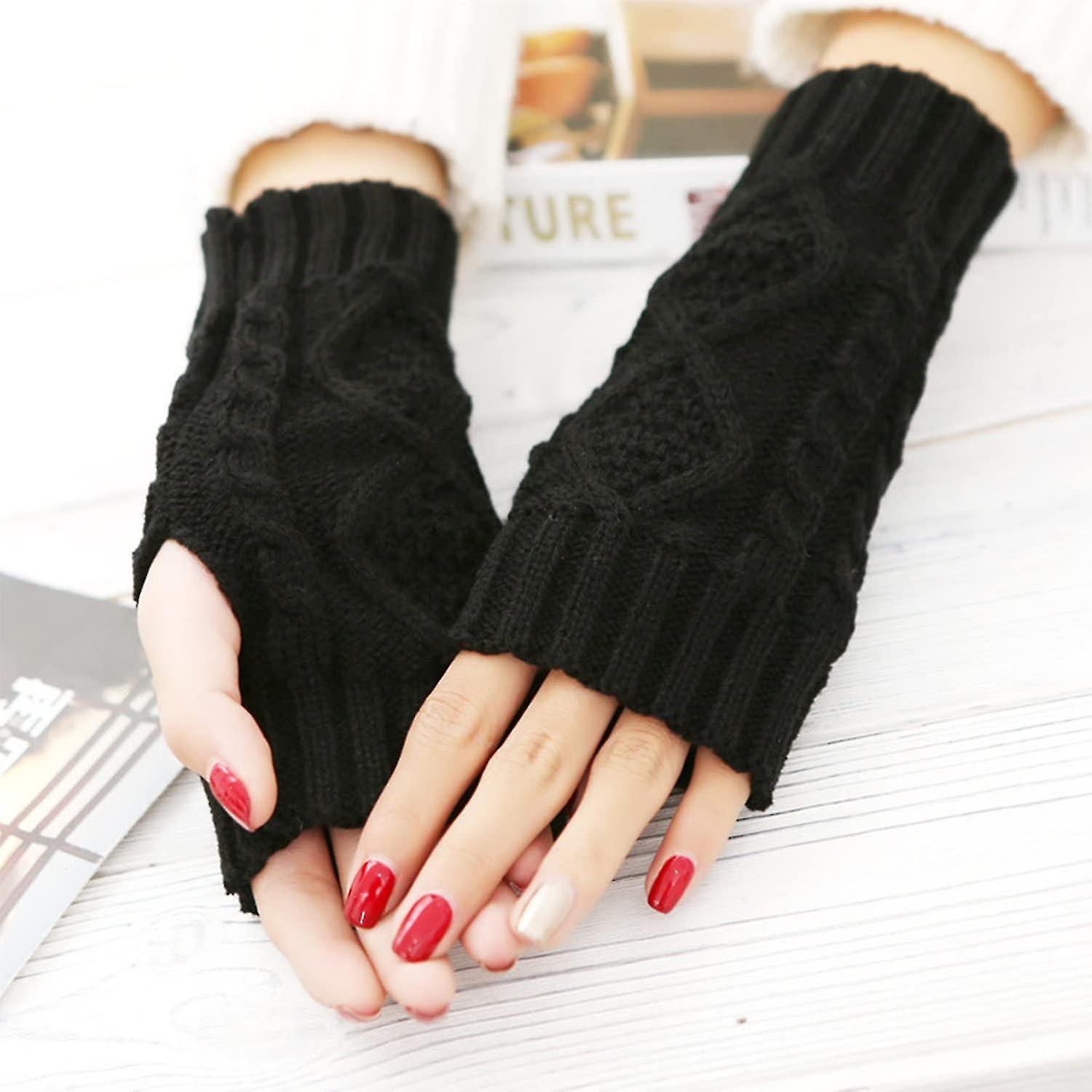 2 Pairs Women Winter Warm Knit Fingerless Gloves Hand Crochet Thumbhole Arm Warmers Mittens