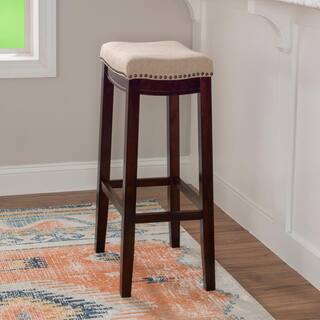 Linon Home Decor Concord Dark Walnut Finish Frame Barstool with Padded Beige Linen Seat 98326WAL-01-KD