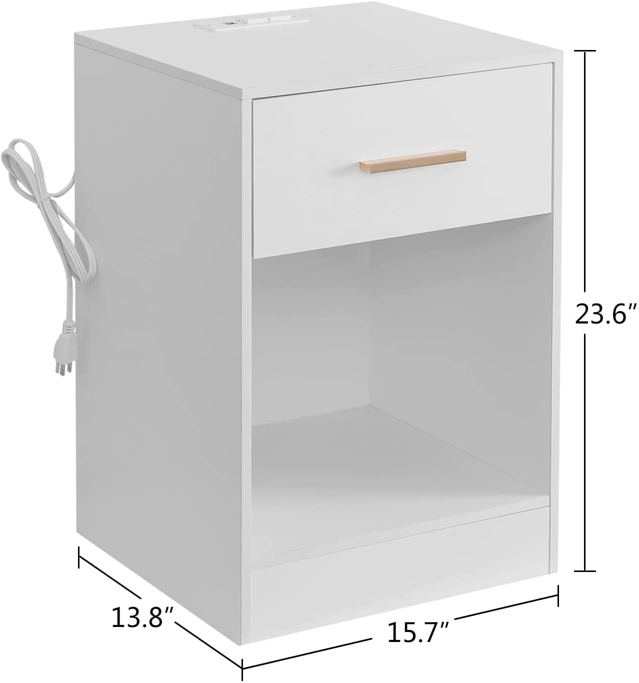 WELLAND Nightstand with Charging Station End Side Table with Storage Drawer and Open Cabinet, Bedside Table, White Finished