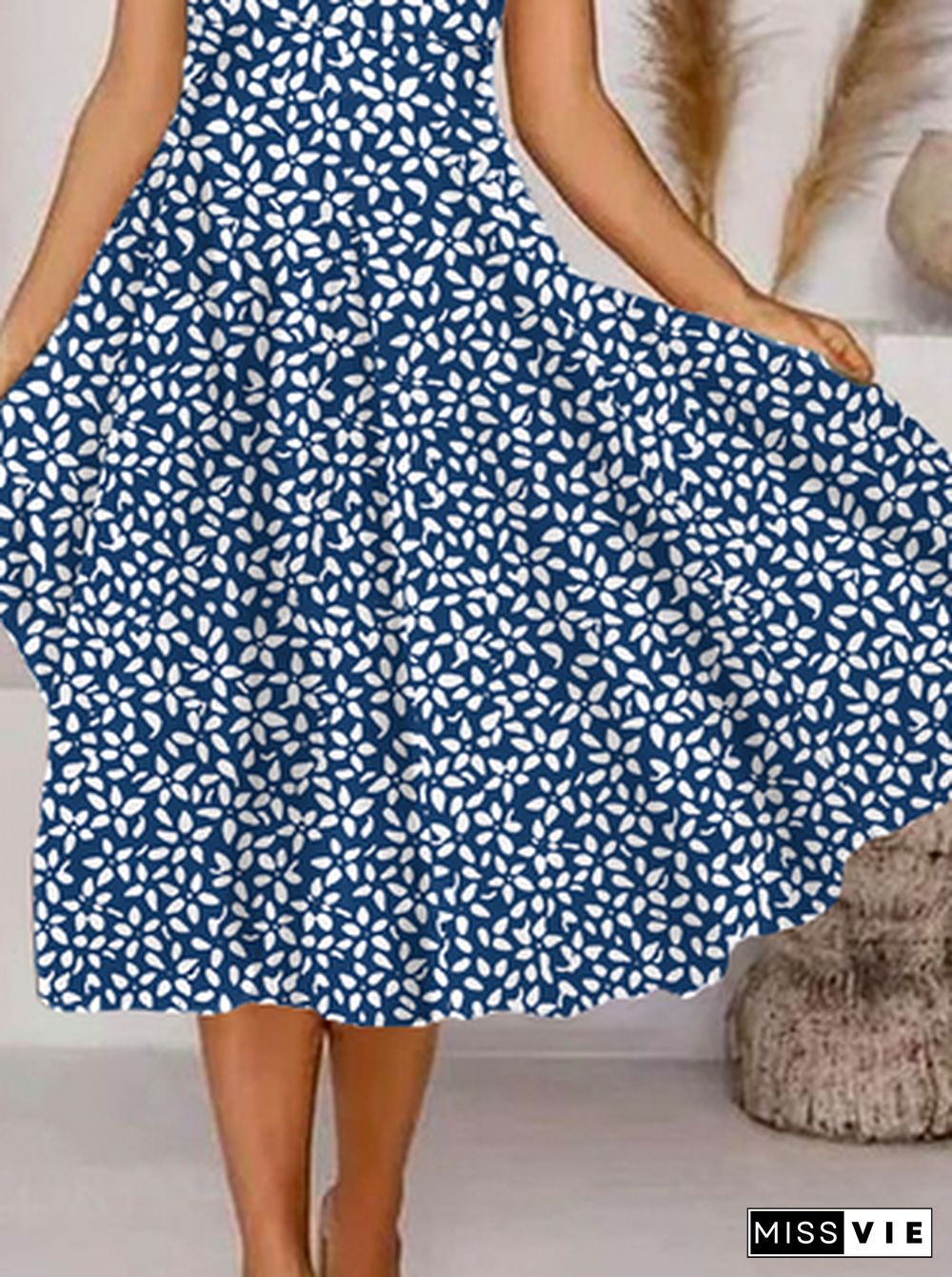 Women Casual Floral Summer Micro-Elasticity Jersey Midi Short sleeve A-Line Regular Dresses