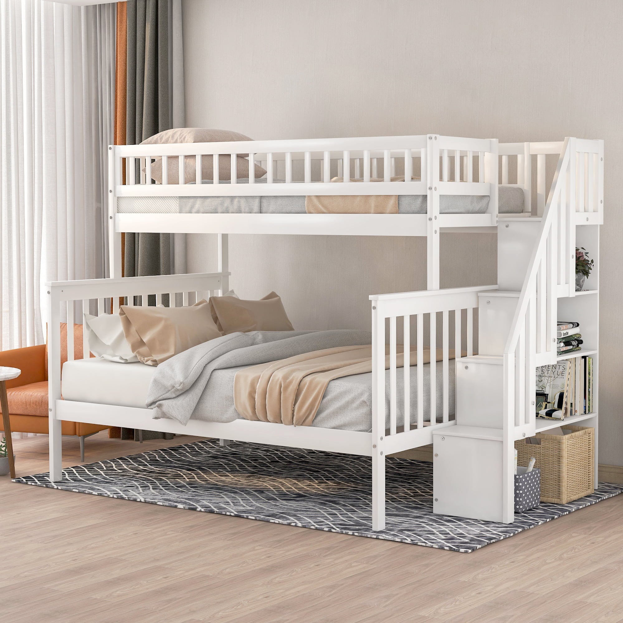 Euroco Twin Over Full Bunk Bed with Stairs and Storage for Kids, White