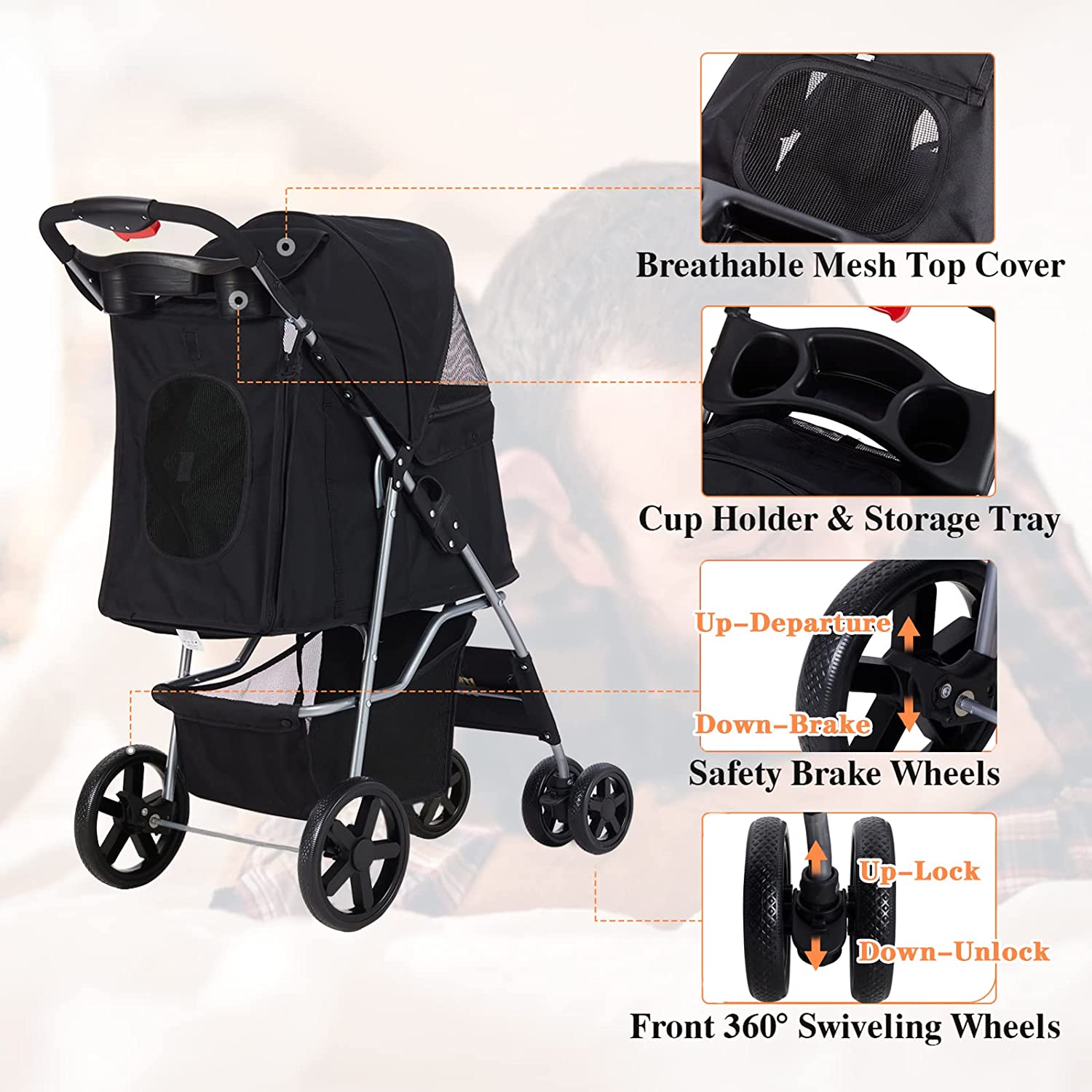 VIAGDO Dog Cat Stroller， Pet Strollers for Small Medium Dogs and Cats， 4 Wheels Dog Jogging Stroller Folding Doggy Stroller with Storage Basket for Dog and Cat Traveling Strolling Cart