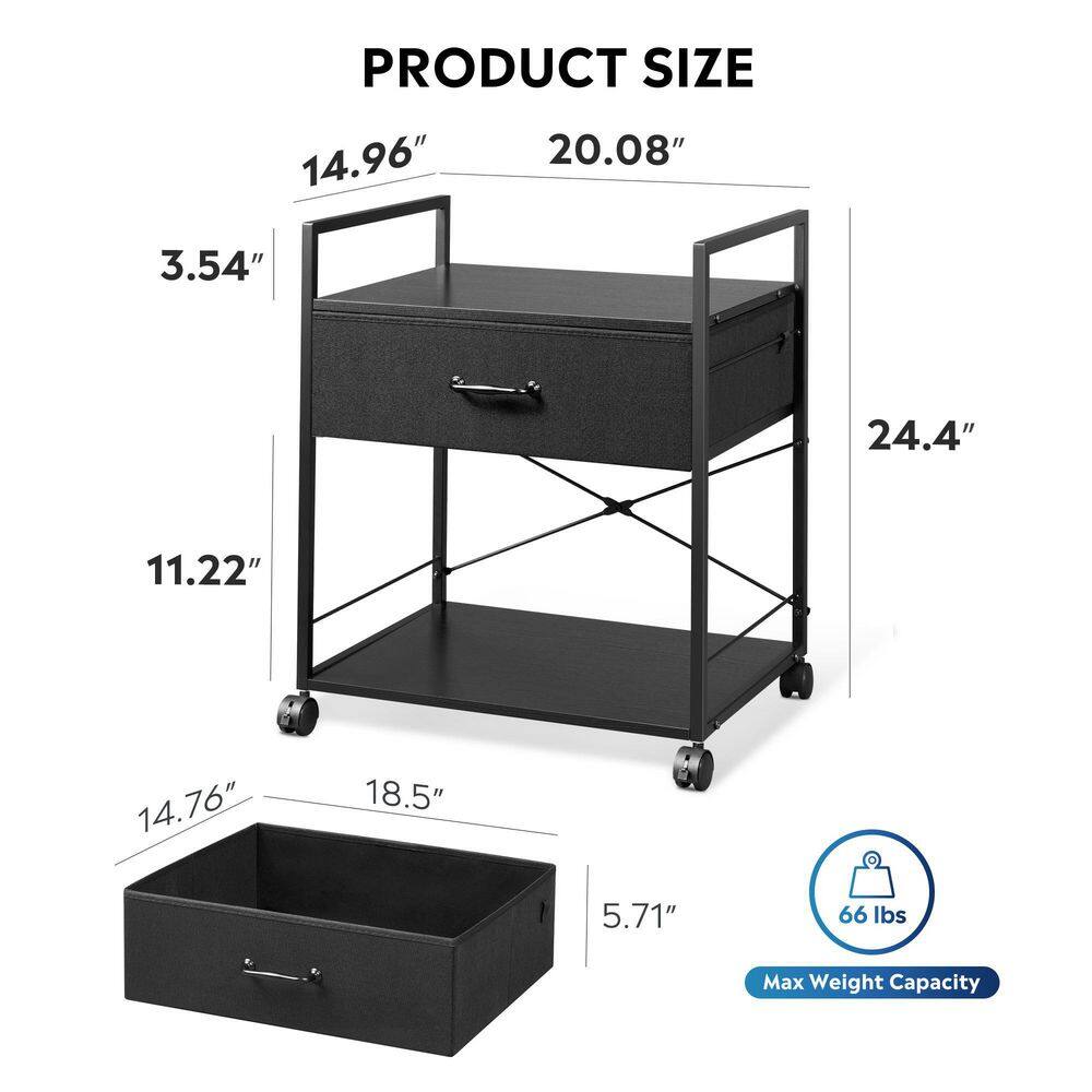 Huluwat 2-Tier Steel 4-Wheeled Printer Cart with Storage Drawer in Black DJYC-G-W107051596