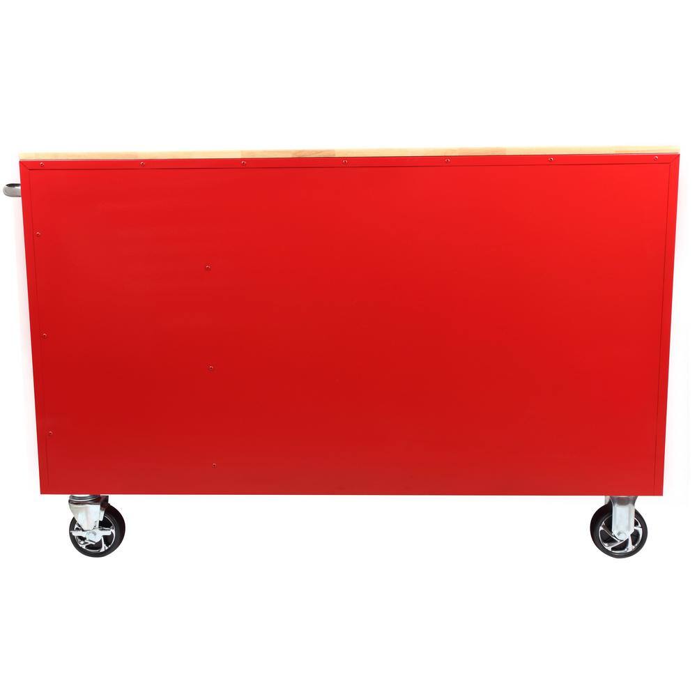 Husky 56 in. W x 25 in. D Standard Duty 5-Drawer 1-Door Mobile Workbench Tool Chest with Solid Wood Top in Gloss Red H56MWC5GRXD