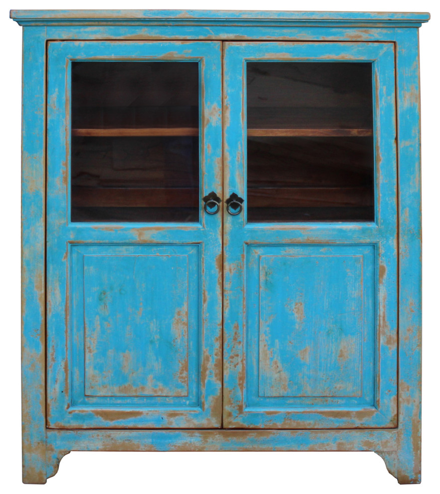 Distressed Bright Blue Glass Display Bookcase Curio Cabinet Hcs5382   Farmhouse   Bookcases   by Golden Lotus Antiques  Houzz