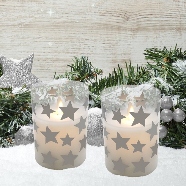 2ct Battery Operated Glass Led Candles With Moving Flame Silver Stars