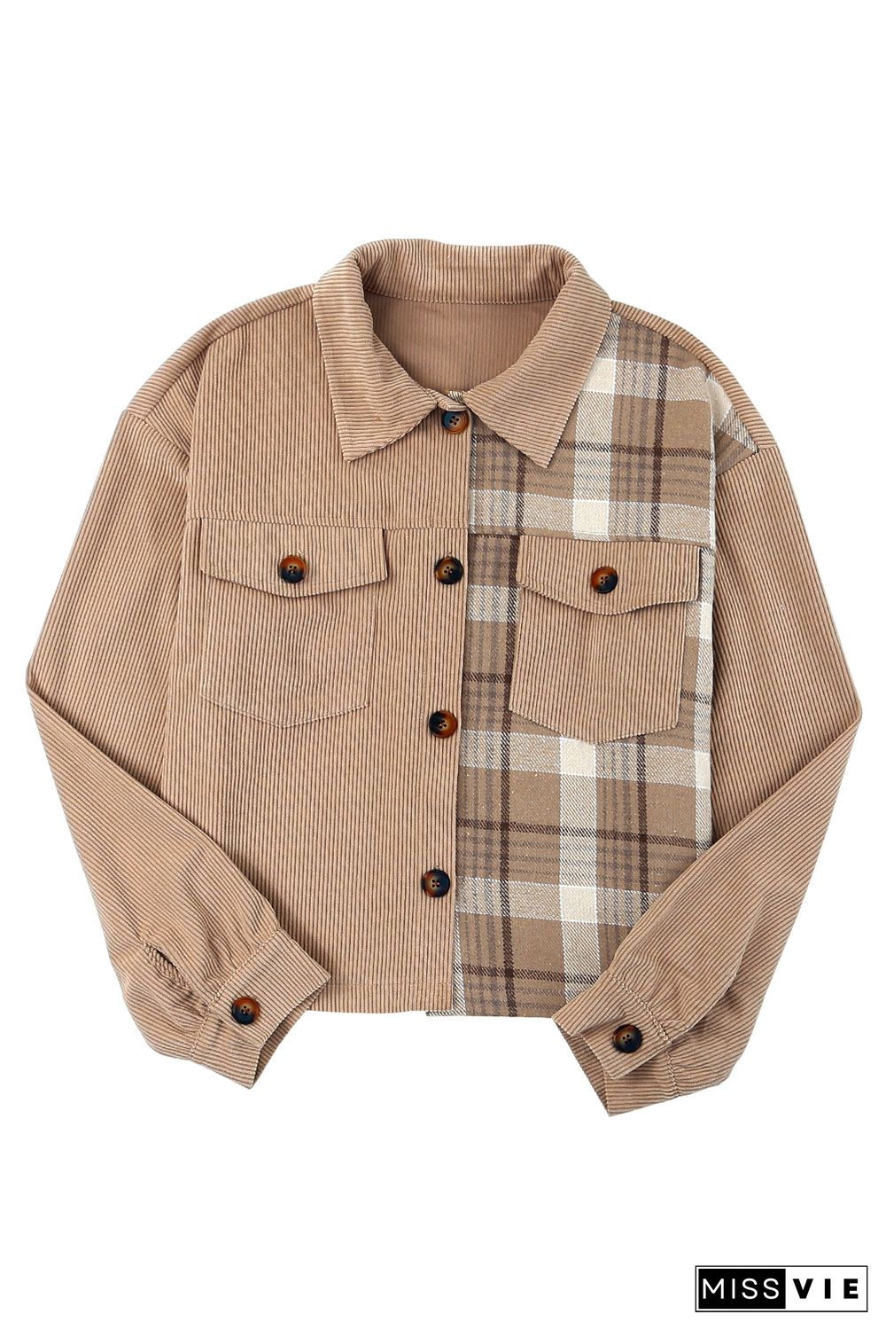 Khaki Plaid Patchwork Corduroy Cropped Jacket