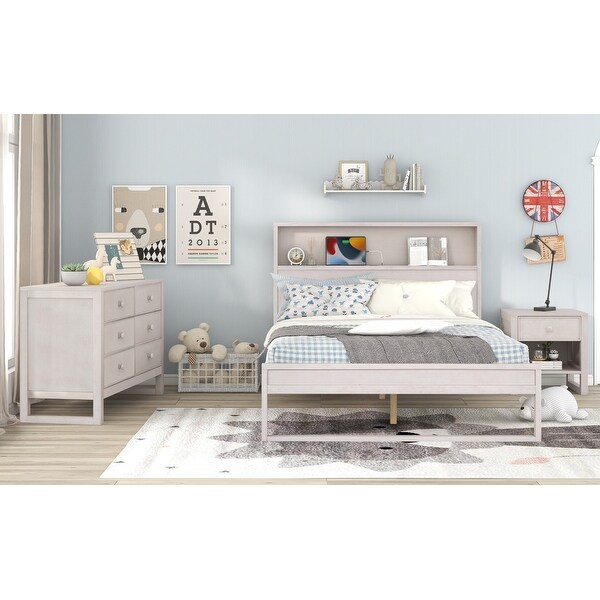 3-Pieces Bedroom Sets Full Size Platform Bed with Nightstand and Dresser - - 37838892