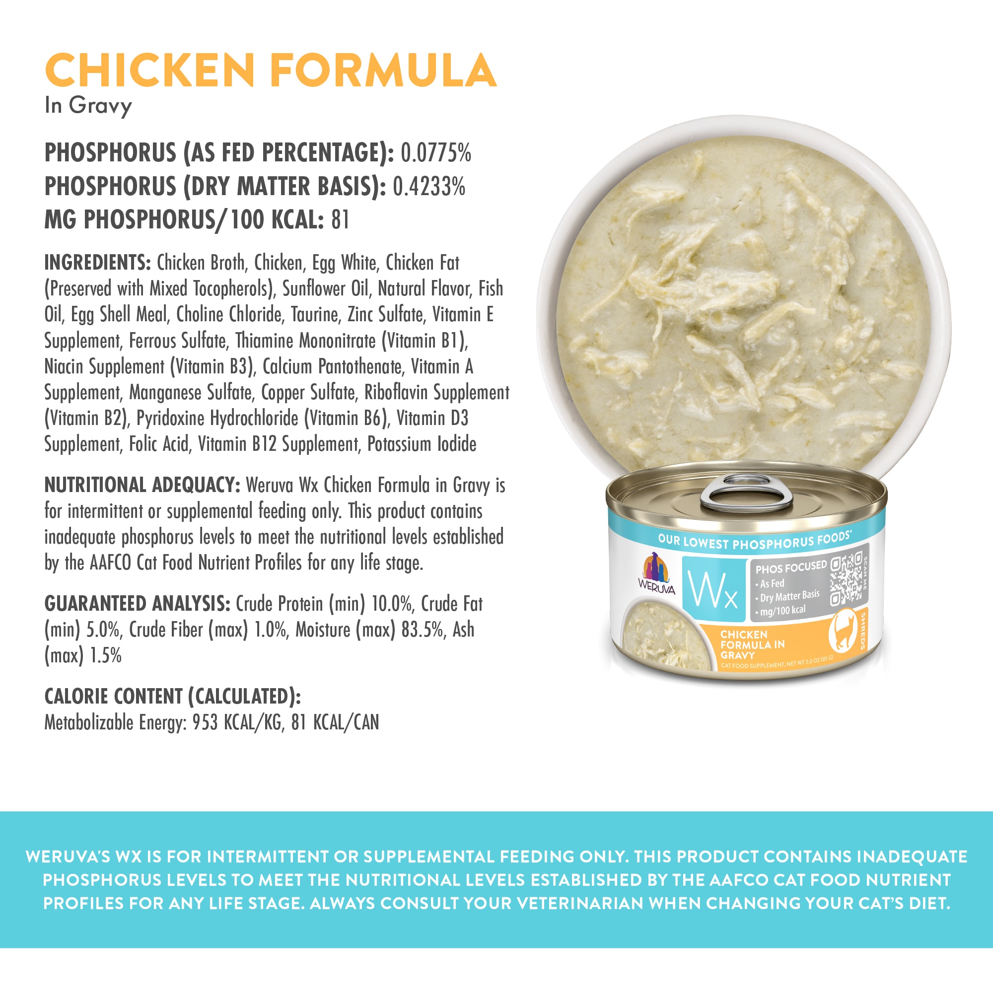 Wx Phos Focused Foods Chicken Formula in Gravy Wet Cat Food， 3 oz.， Case of 12