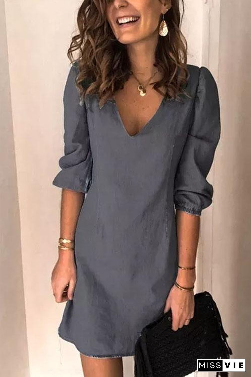 Puff Sleeve Simple Denim Dress