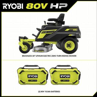 RYOBI 80V HP Brushless 30 in. Battery Electric Cordless Zero Turn Riding Mower with (2) 80V 10 Ah Batteries and Charger RYRM8010