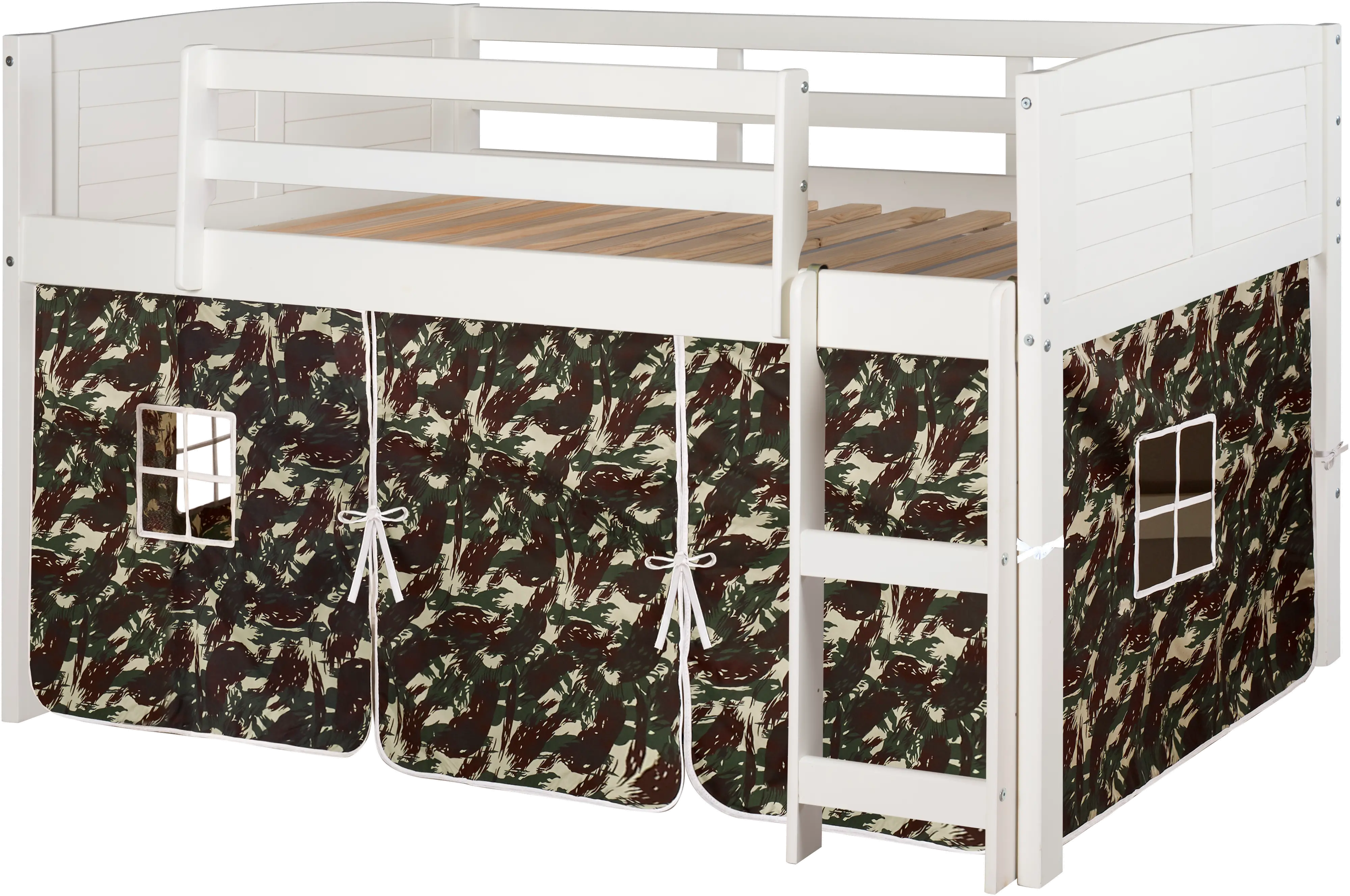 Louver White Twin Loft Bed with Camo Tent