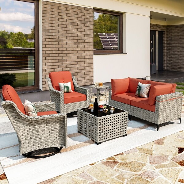 OVIOS 6 Pieces Outdoor Wicker Swivel Chair Set With SolarPowered Coffee Table