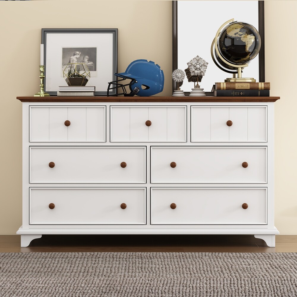 61inch Wooden 7 Drawer Dresser for Bedroom Living Room White+Walnut