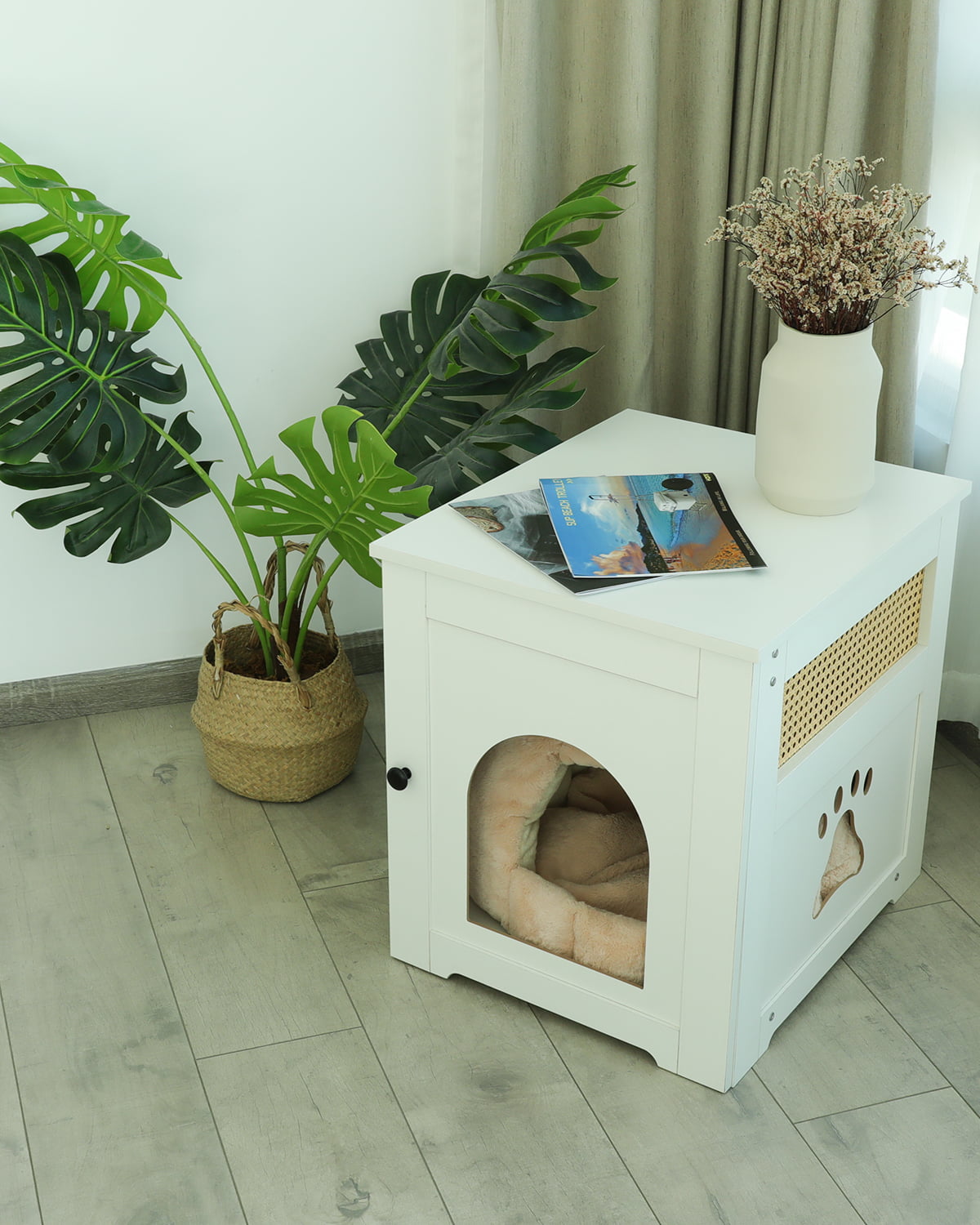 WellMall Cat Litter Box Enclosure， Cat House Side Table，Night Stand Pet House， Indoor Cat House-White