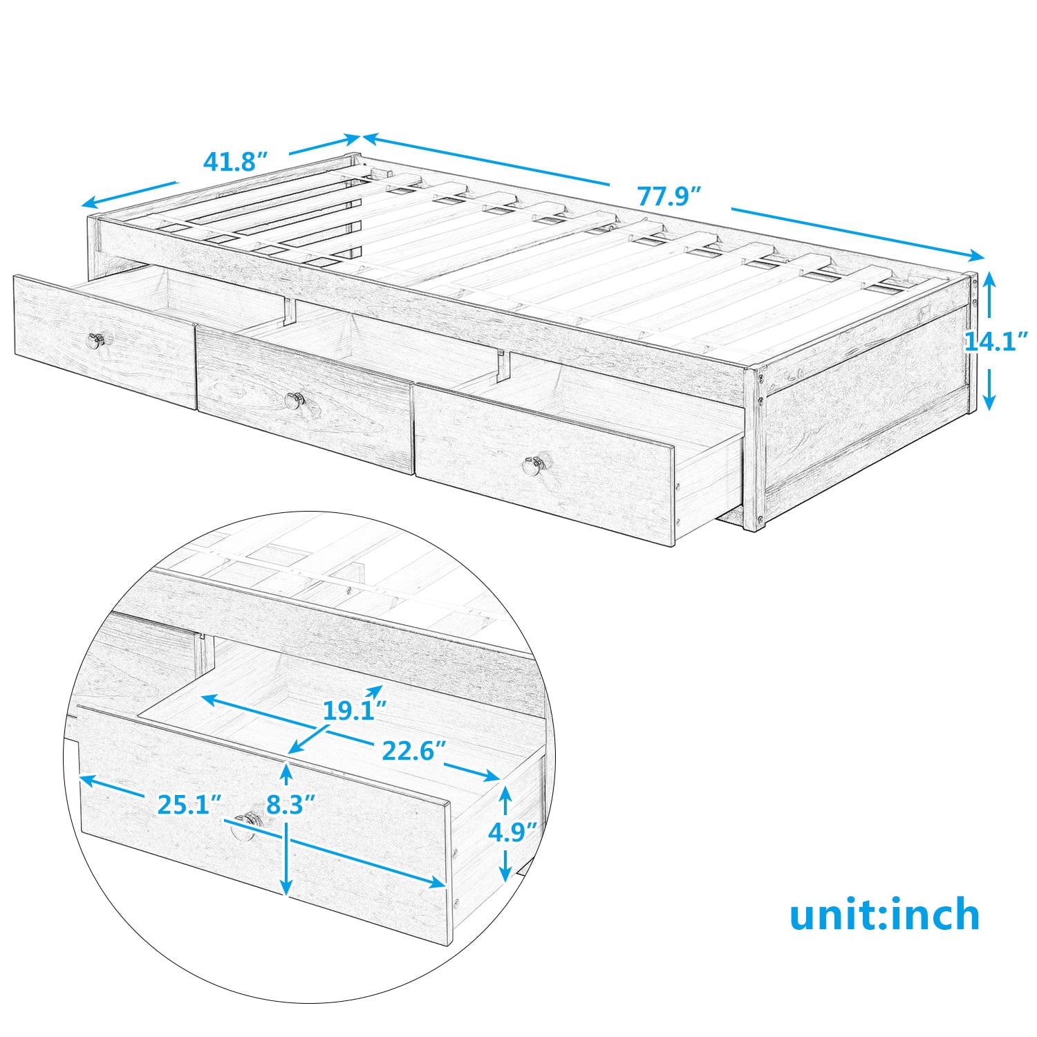 Twin Bed with Storage Platform Bed with 3 Drawers Captain Bed Frame