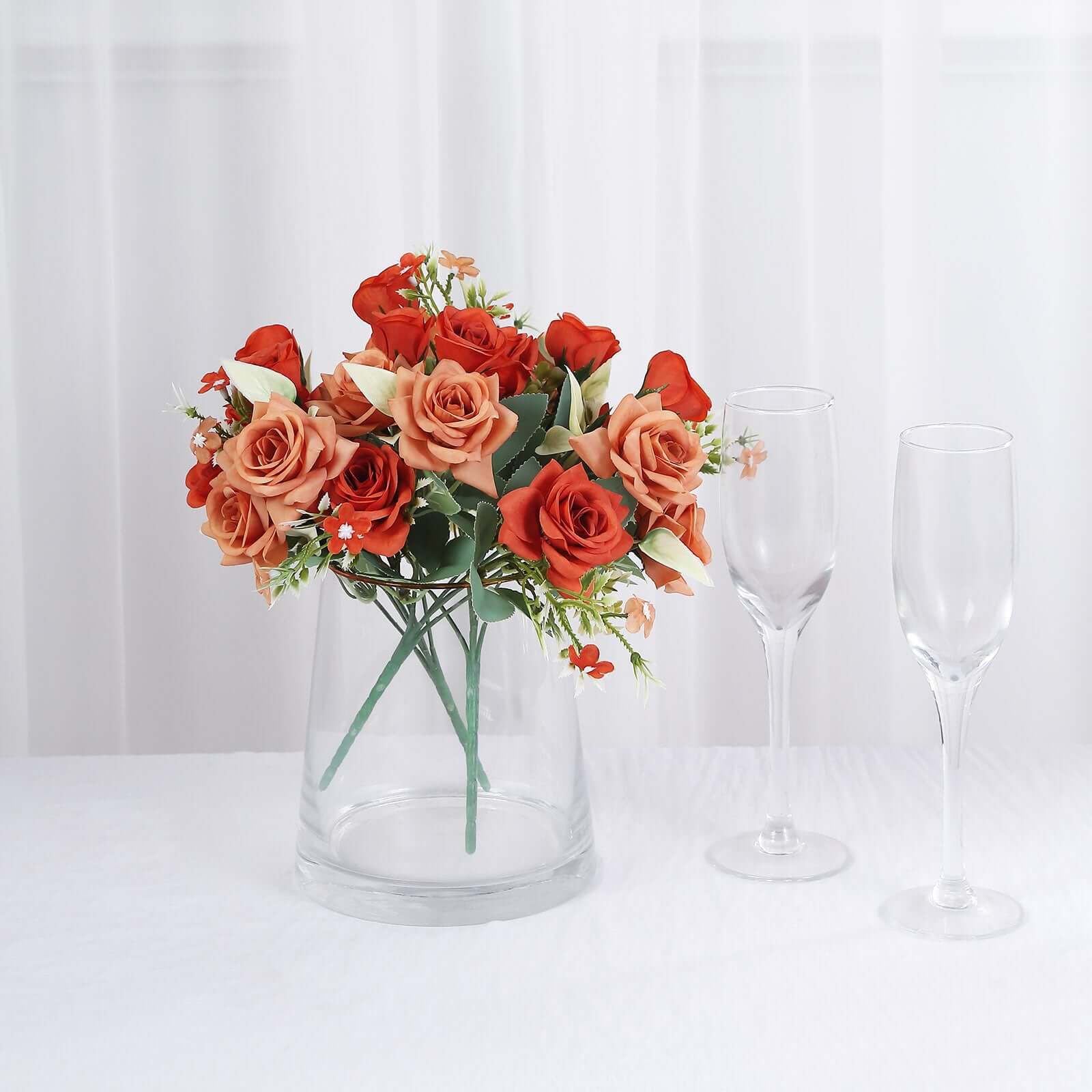 4 Bushes Terracotta (Rust) Real Touch Artificial Silk Rose Bridal Bouquet, Faux Flowers 12