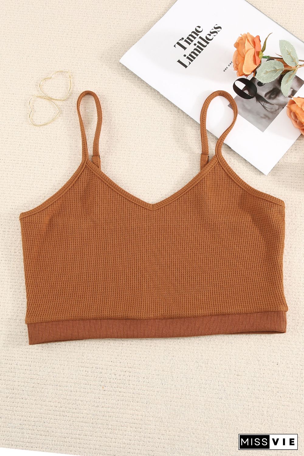 Brown Waffle Knit Skinny Fit Spaghetti Strap Crop Cami Top