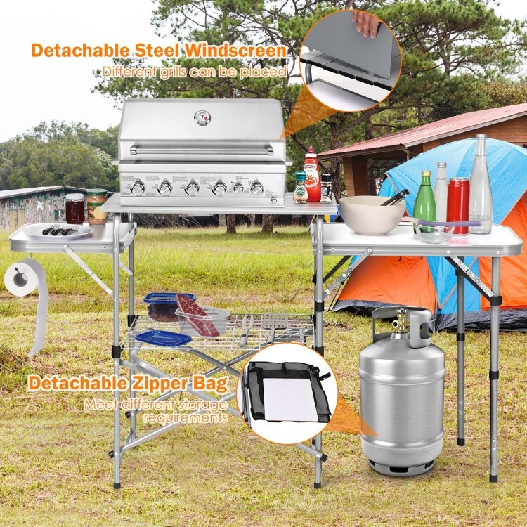 Foldable Outdoor BBQ Portable Grilling Table With Windscreen Bag   57.5\