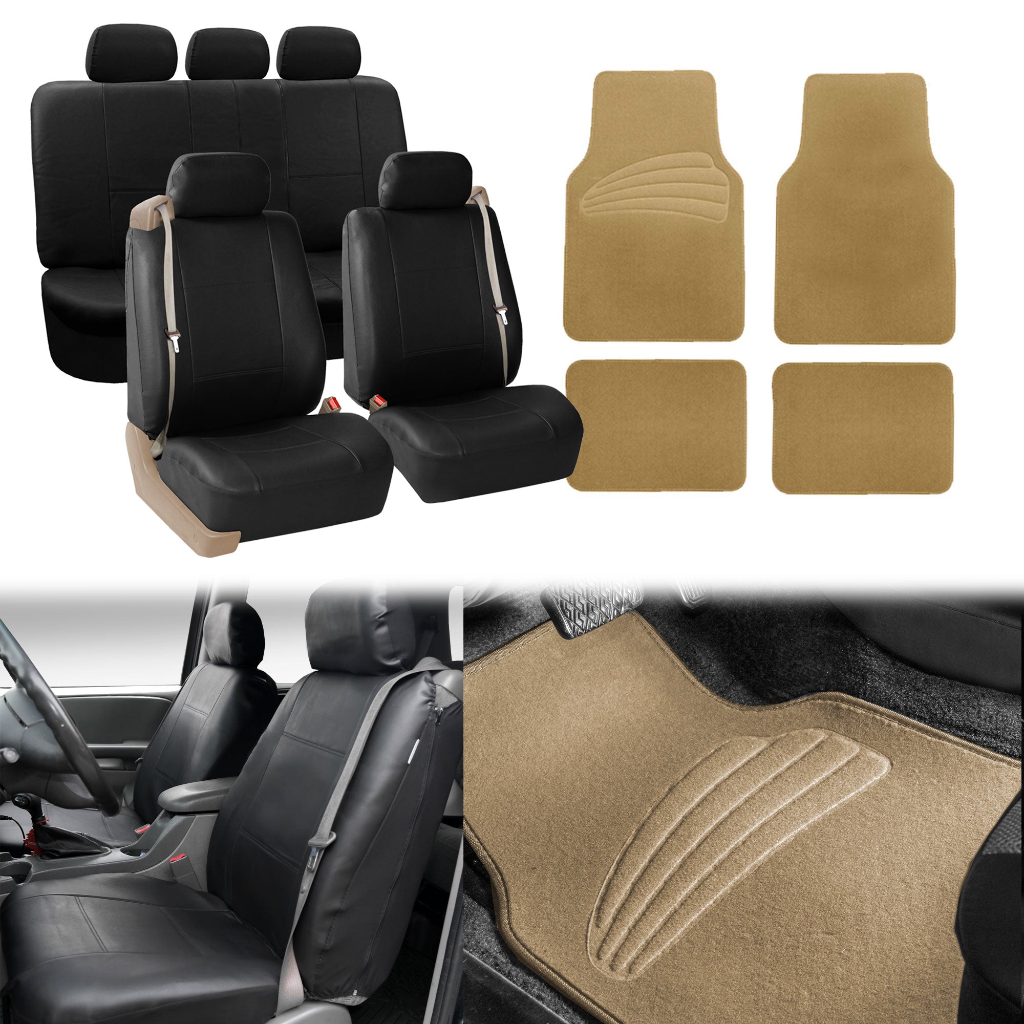 FH Group PU Leather Integrated Seatbelt Seat Covers， Full Set with Beige Carpet Floor Mats， Black