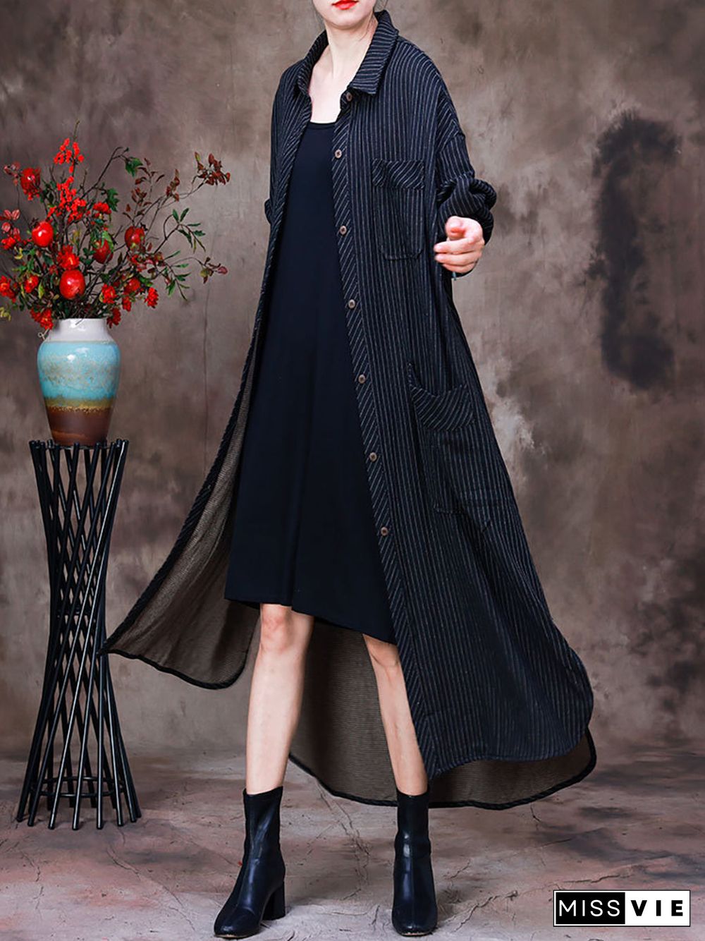 Plus-Size Women Cotton Striped Irregular Long Jacket