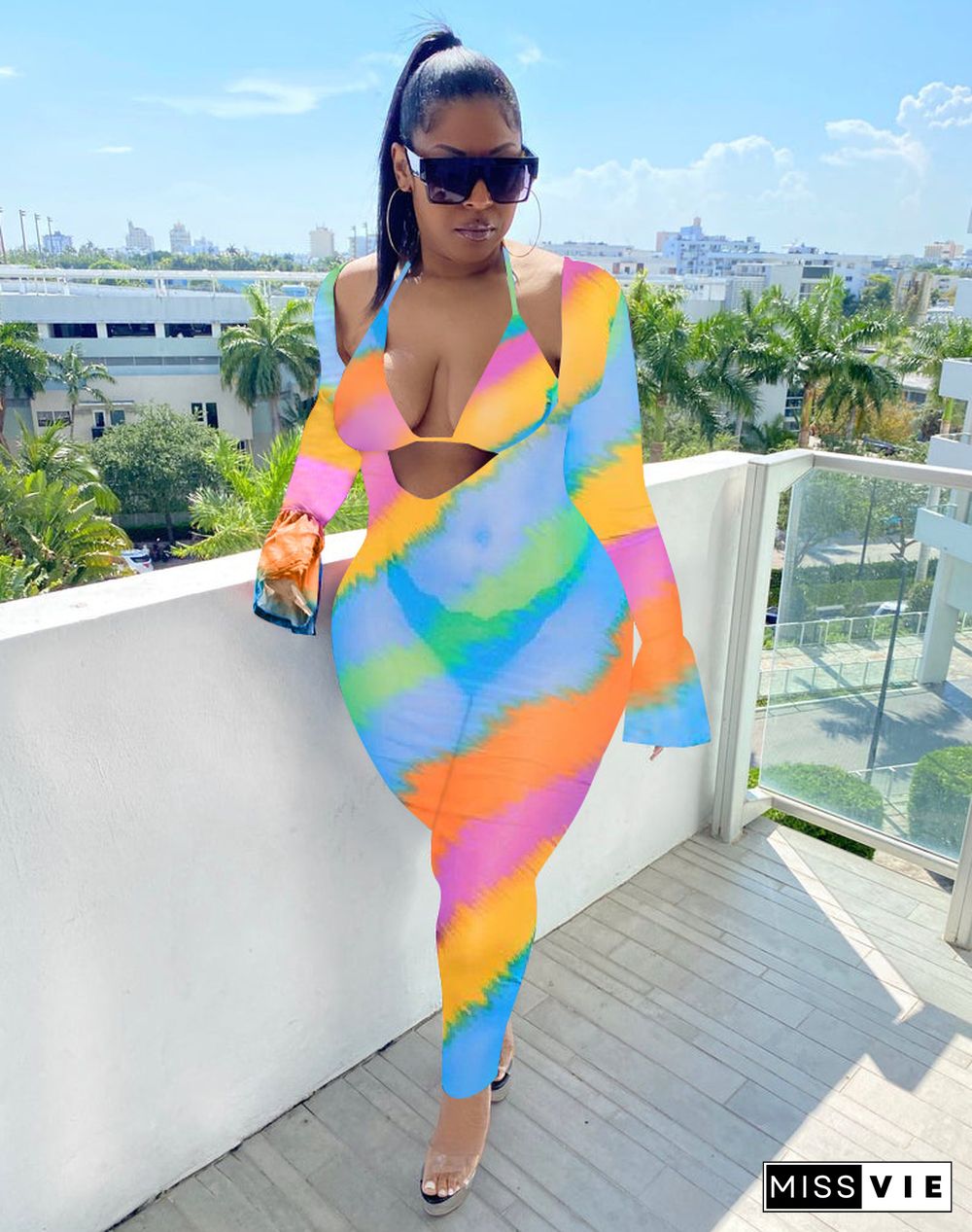 Sexy Beachwear Summer Mesh Print Halter Bra Tops+Full Flare Sleeve V-Neck Bodycon Jumpsuit 2 Piece Set