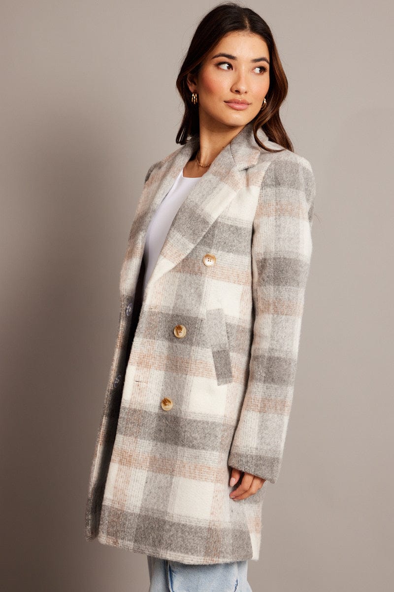 Grey Check Coat Long Sleeve