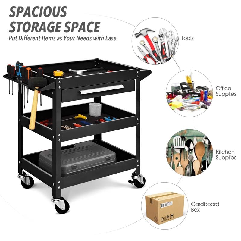 3 Tier Rolling Tool Cart Organizer, 330 lbs Industrial Service Cart Heavy Duty Utility Cart with Storage Drawer