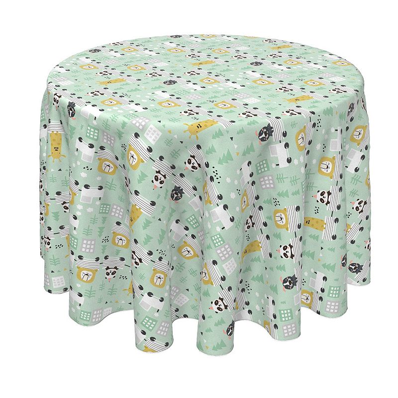 Round Tablecloth， 100% Polyester， 90 Round， Hand Drawn Animals on Trains