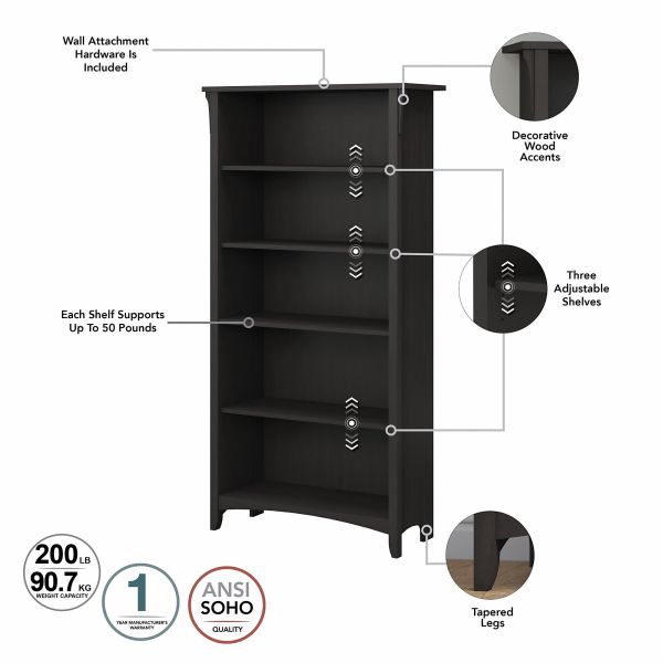 Bush Furniture Salinas Tall 5 Shelf Bookcase in Vintage Black