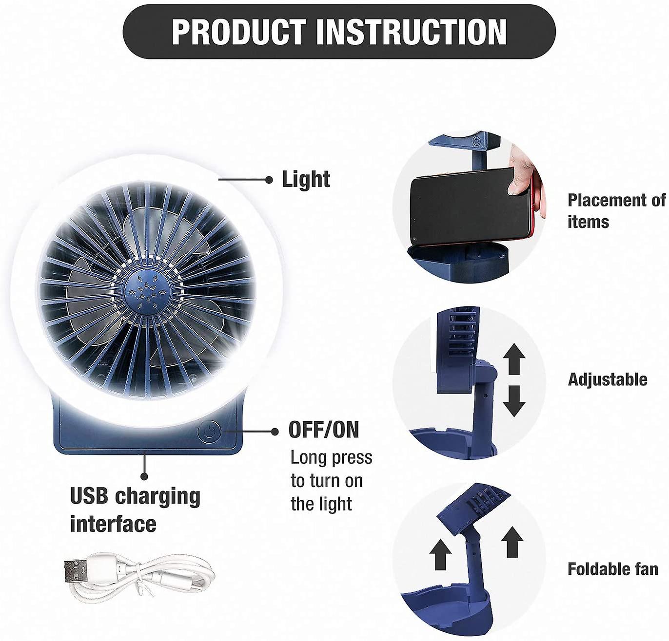 Usb Rechargeable Mini Desktop Fan With Fill Light (blue)