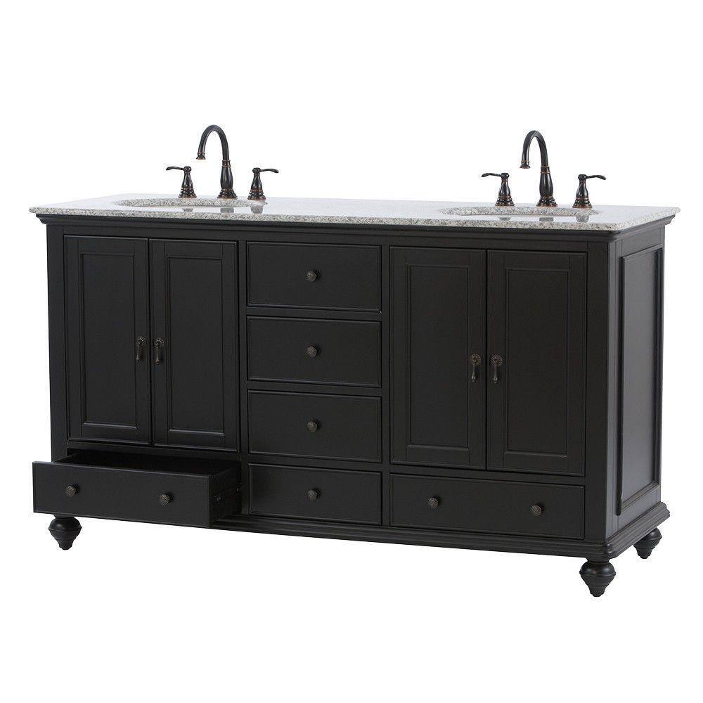 Home Decorators Collection Newport 61 in. W x 21-12 in. D Double Bath Vanity in Black with Granite Vanity Top in Gray 9085-VS61H-BK