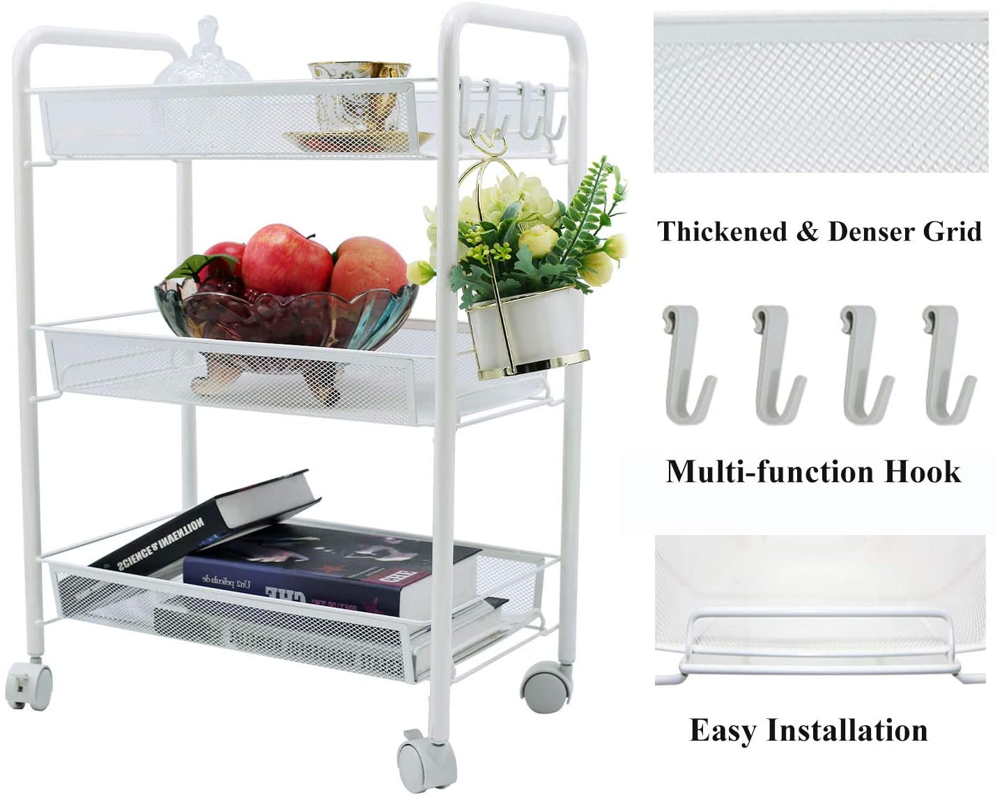 3 Tier Rolling Kitchen Storage Utility Cart on Wheels Multifunction Basket Stand Shelf for Bathroom Office, Full Metal Storage Art Trolley Craft Carts