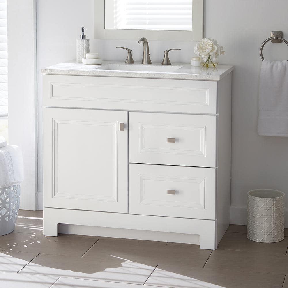 Home Decorators Collection Sedgewood 365 in W x 188 in D x 344 in H Freestanding Bath Vanity in White with Arctic Solid Surface Top