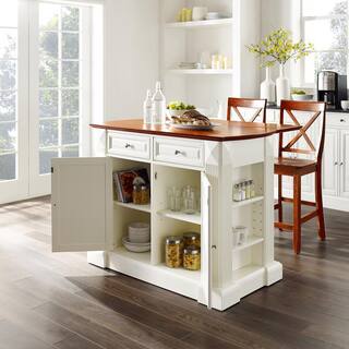 CROSLEY FURNITURE Coventry White Drop Leaf Kitchen Cart with X-Back Stools KF300073WH